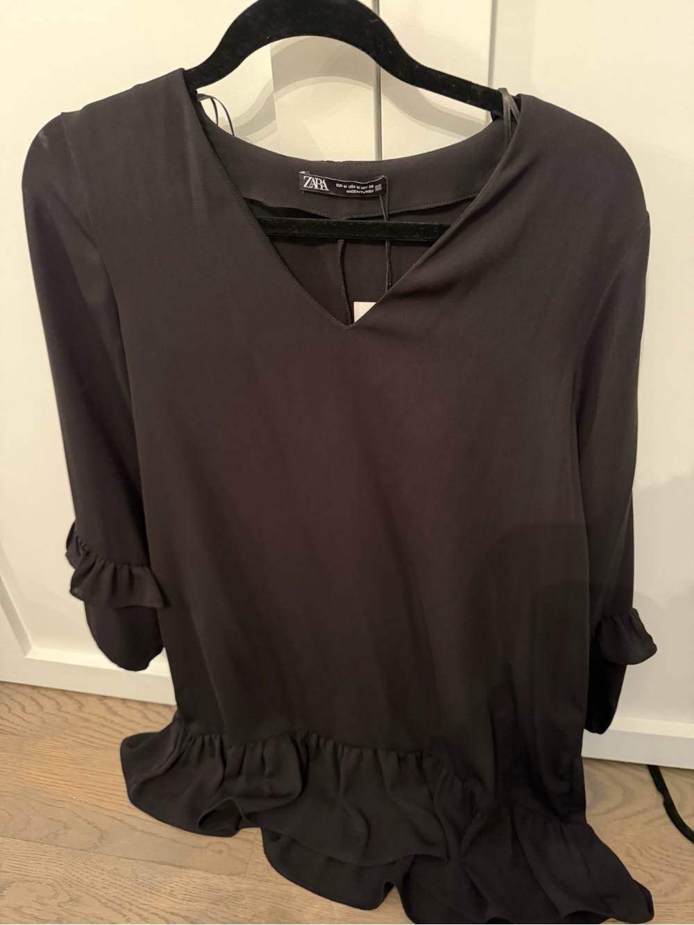Zara Black Long-Sleeve Ruffle Hem Blouse